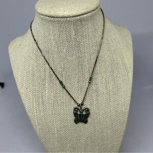 Blue‎ Butterfly Mosaic Pendant Silvertone Beaded Necklace